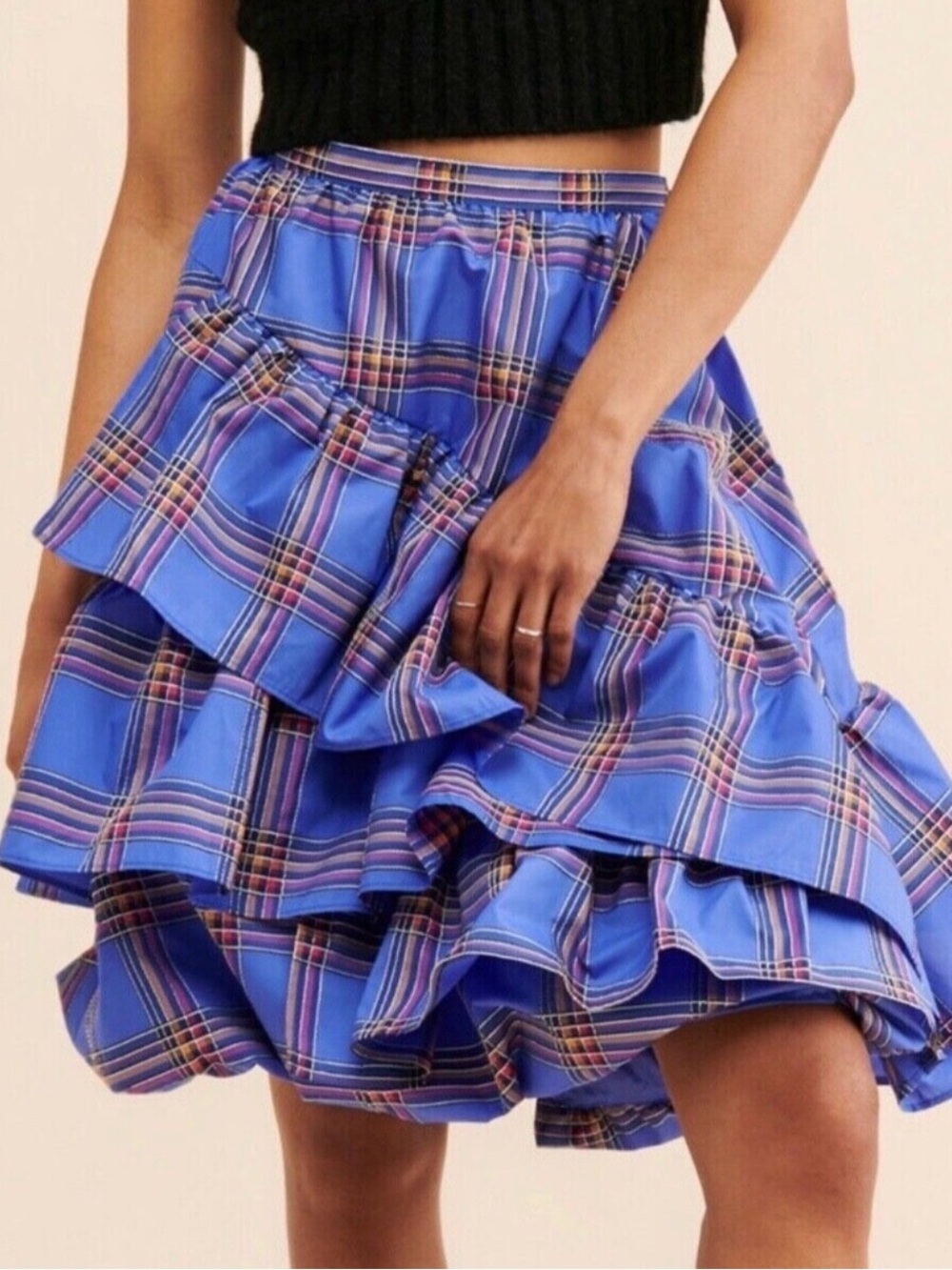 Anthropologie Maeve Tiered Plaid Ruffle Skirt in Bright Blue